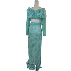 Teal Sexy Long Sleeve See Through Crop Top Tassel Split Maxi Long Skirt Set